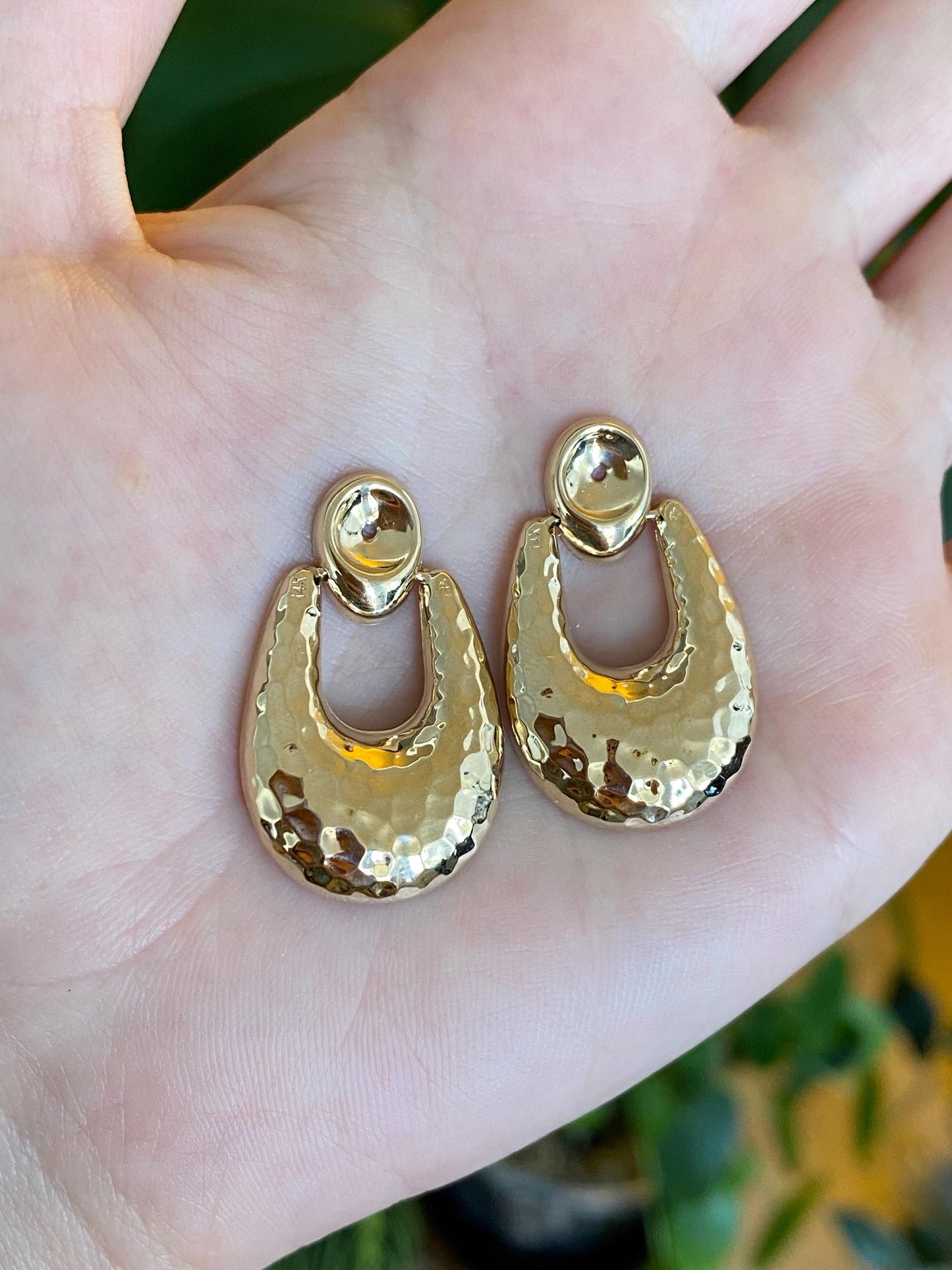 Vintage 14k Yellow Gold Hammered Texture Hoop Dangle Earring Jackets