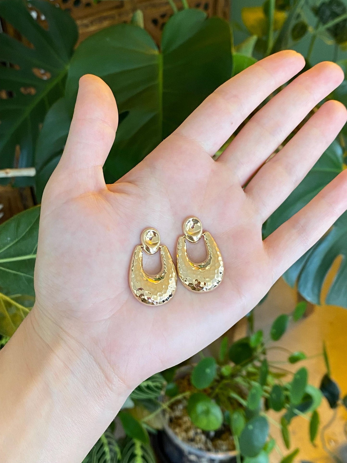 Vintage 14k Yellow Gold Hammered Texture Hoop Dangle Earring Jackets