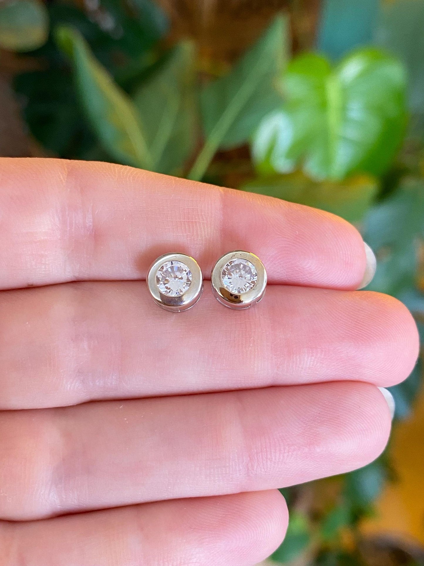 Solid 10k White Gold Bezel Set Clear Cubic Zirconia Stud Earrings