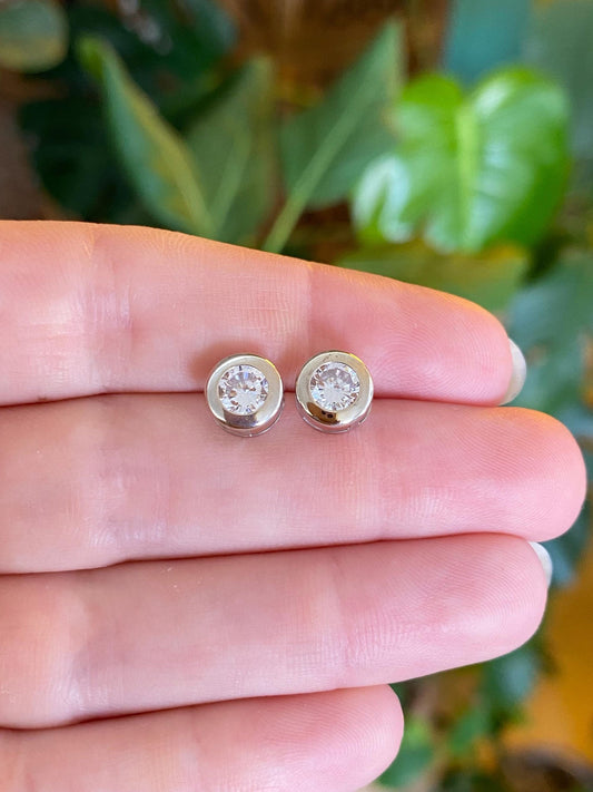 Solid 10k White Gold Bezel Set Clear Cubic Zirconia Stud Earrings