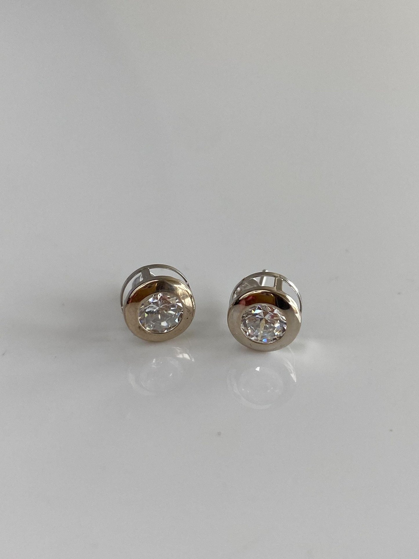 Solid 10k White Gold Bezel Set Clear Cubic Zirconia Stud Earrings