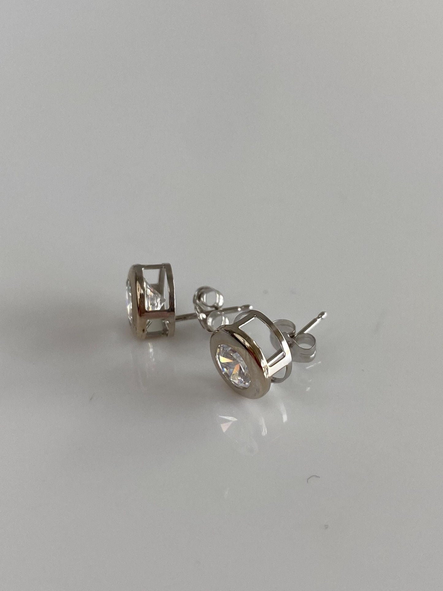Solid 10k White Gold Bezel Set Clear Cubic Zirconia Stud Earrings