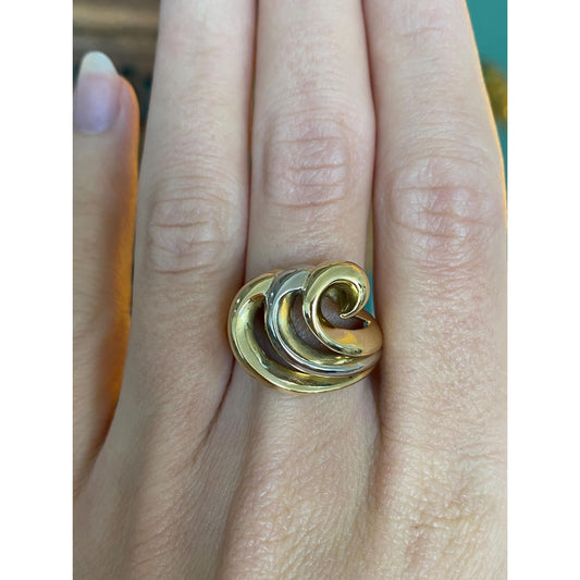 Vintage Solid 18k White & Yellow Gold Wave Ring Band - Size 7.75