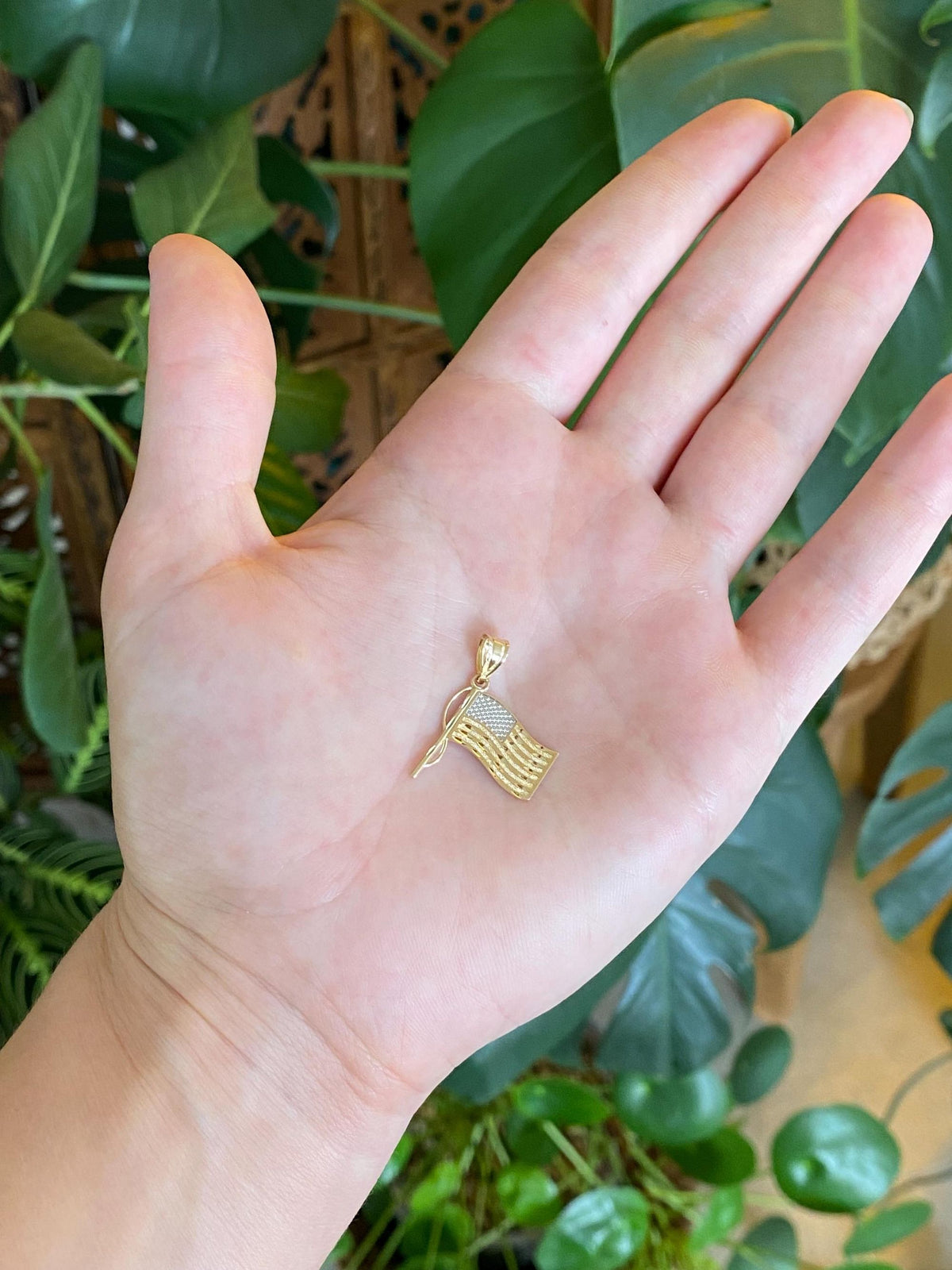 Vintage Solid 14k White & Yellow Gold American Flag Charm