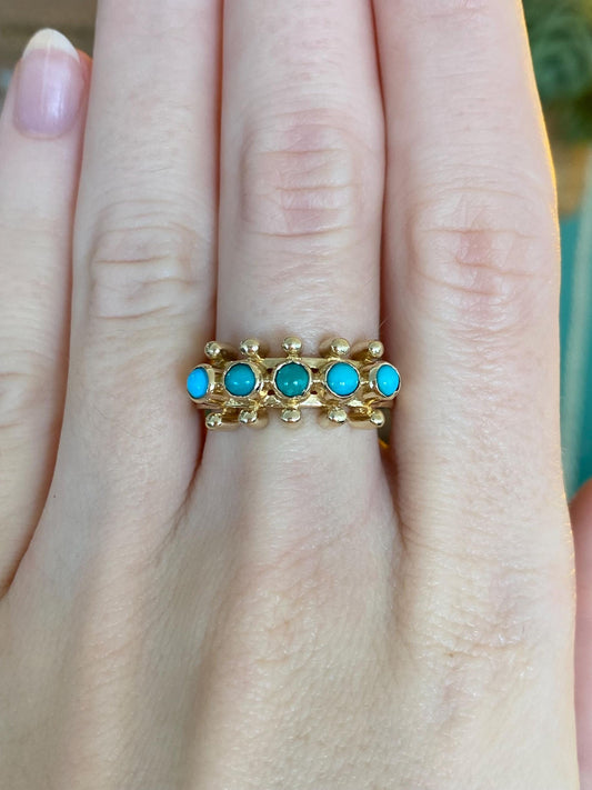 Vintage Solid 14k Yellow Gold Turquoise Row Ring - Size 6.25