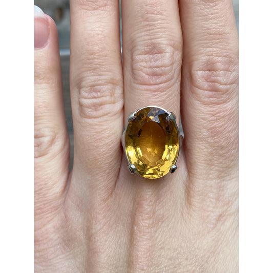 Vintage Solid 14k White Gold Large Citrine Ring - Size 7.25