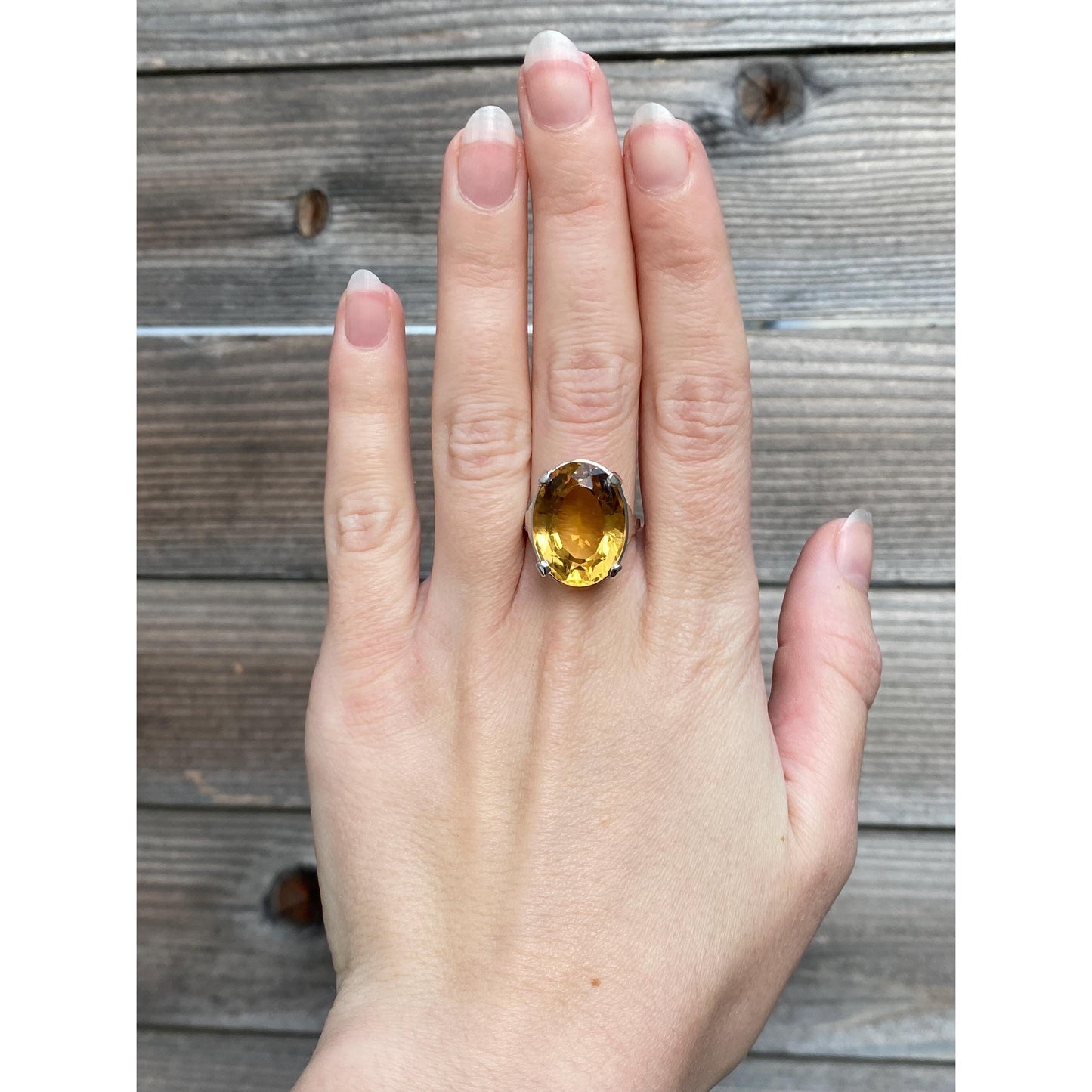 Vintage Solid 14k White Gold Large Citrine Ring - Size 7.25