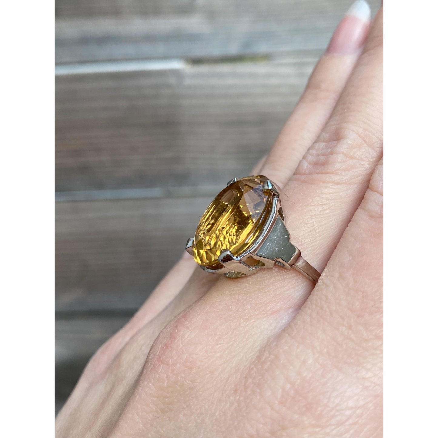 Vintage Solid 14k White Gold Large Citrine Ring - Size 7.25