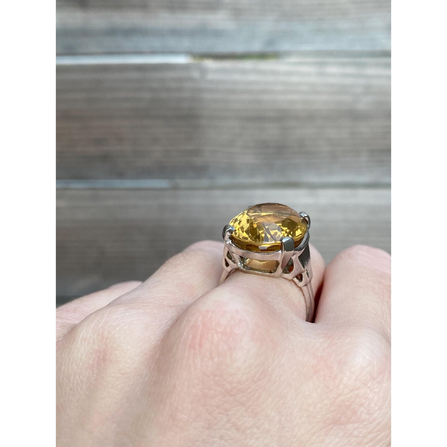 Vintage Solid 14k White Gold Large Citrine Ring - Size 7.25