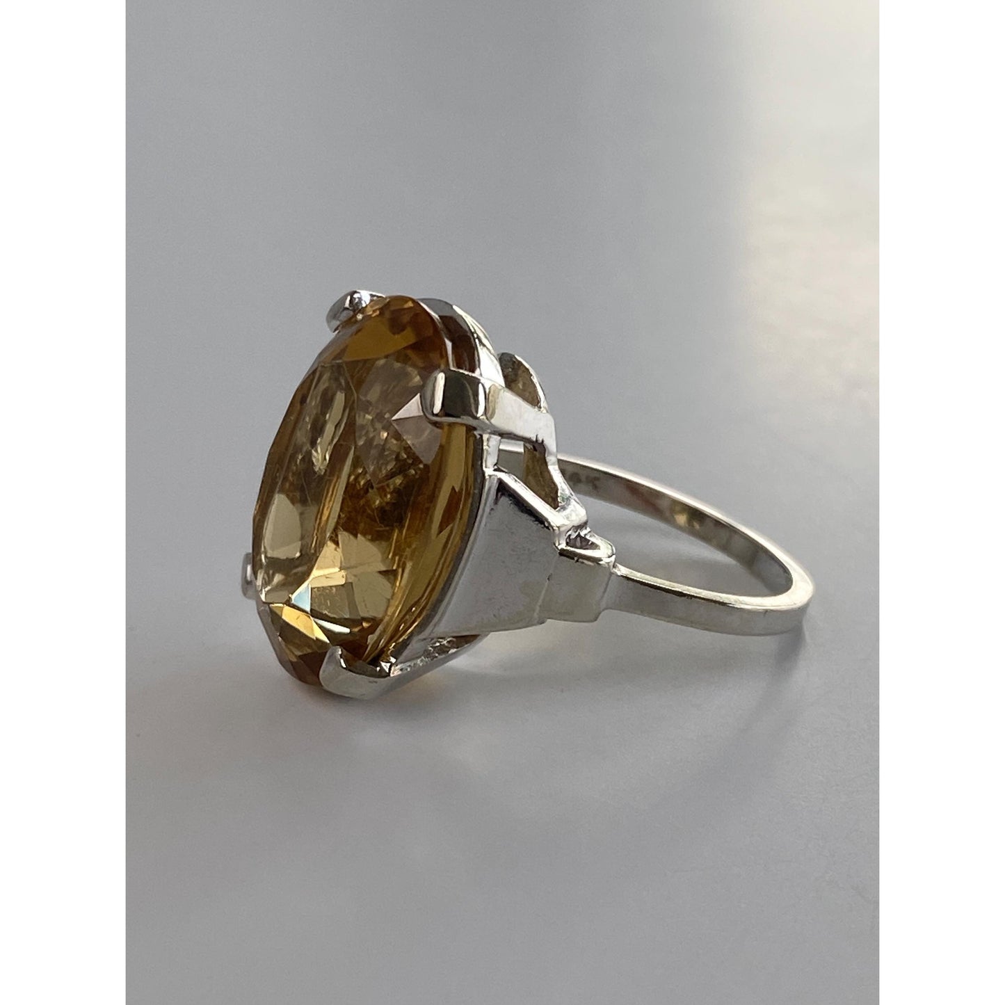 Vintage Solid 14k White Gold Large Citrine Ring - Size 7.25