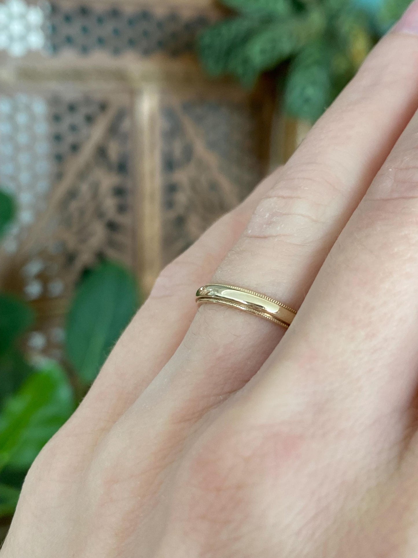 Vintage Solid 14k Yellow Gold Slim Miligrain Ring Band - Size 5.25