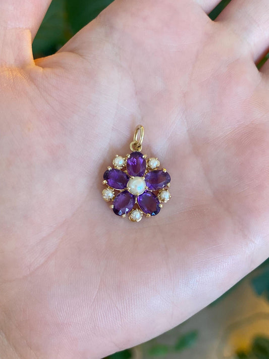 Vintage Solid 14k Yellow Gold Amethyst Pearls Charm