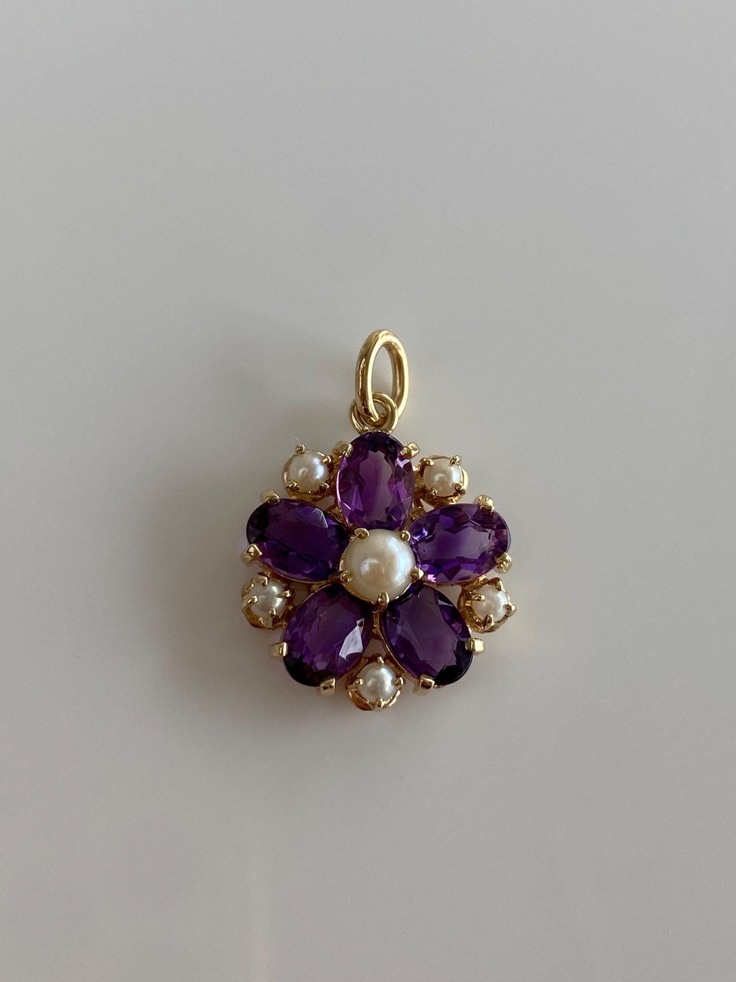 Vintage Solid 14k Yellow Gold Amethyst Pearls Charm