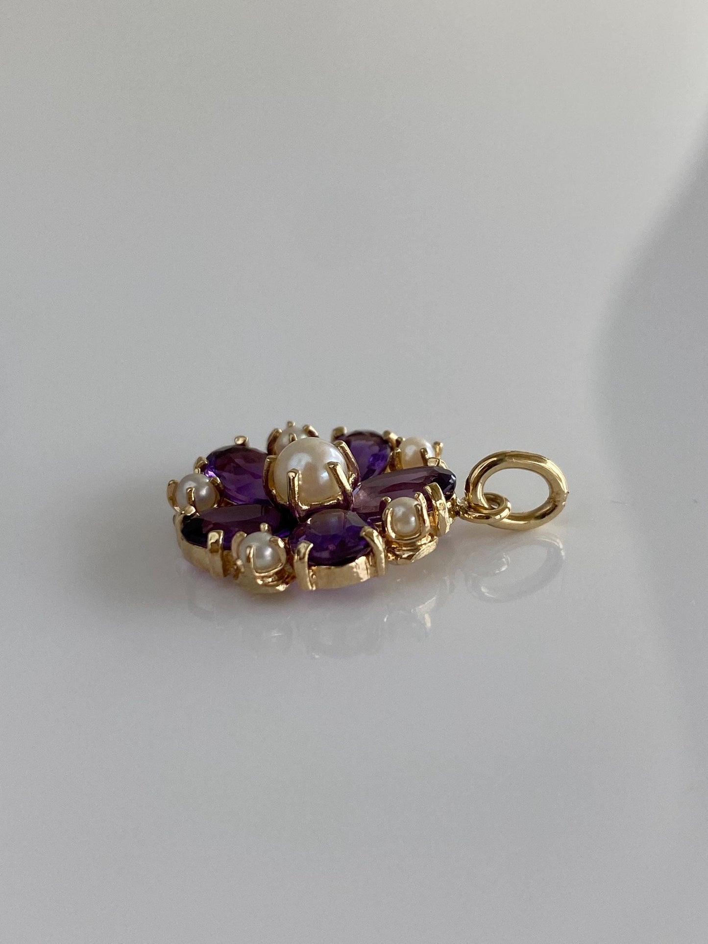 Vintage Solid 14k Yellow Gold Amethyst Pearls Charm