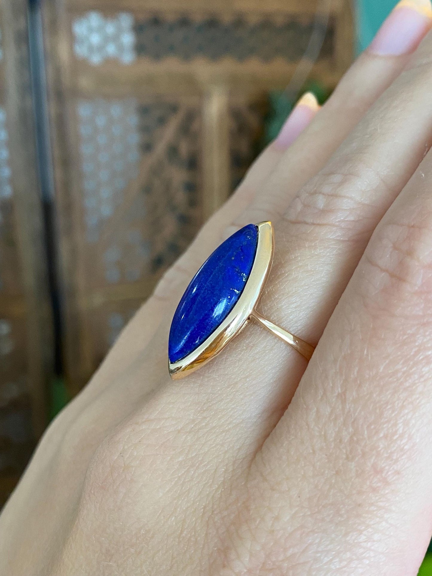 Solid 14k Marquis Blue Lapis Ring - Size 6