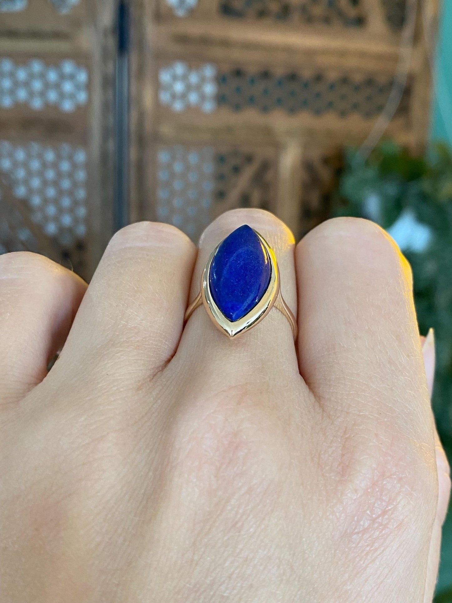 Solid 14k Marquis Blue Lapis Ring - Size 6