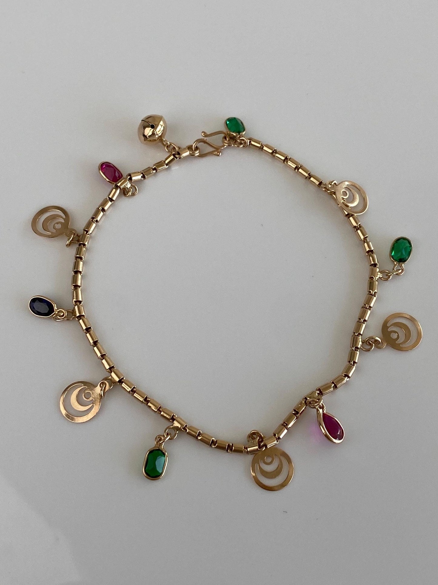 Vintage Solid 14k Rosey Gold Sapphire Ruby Emerald Barrel Link Charm Bracelet - 8 inches