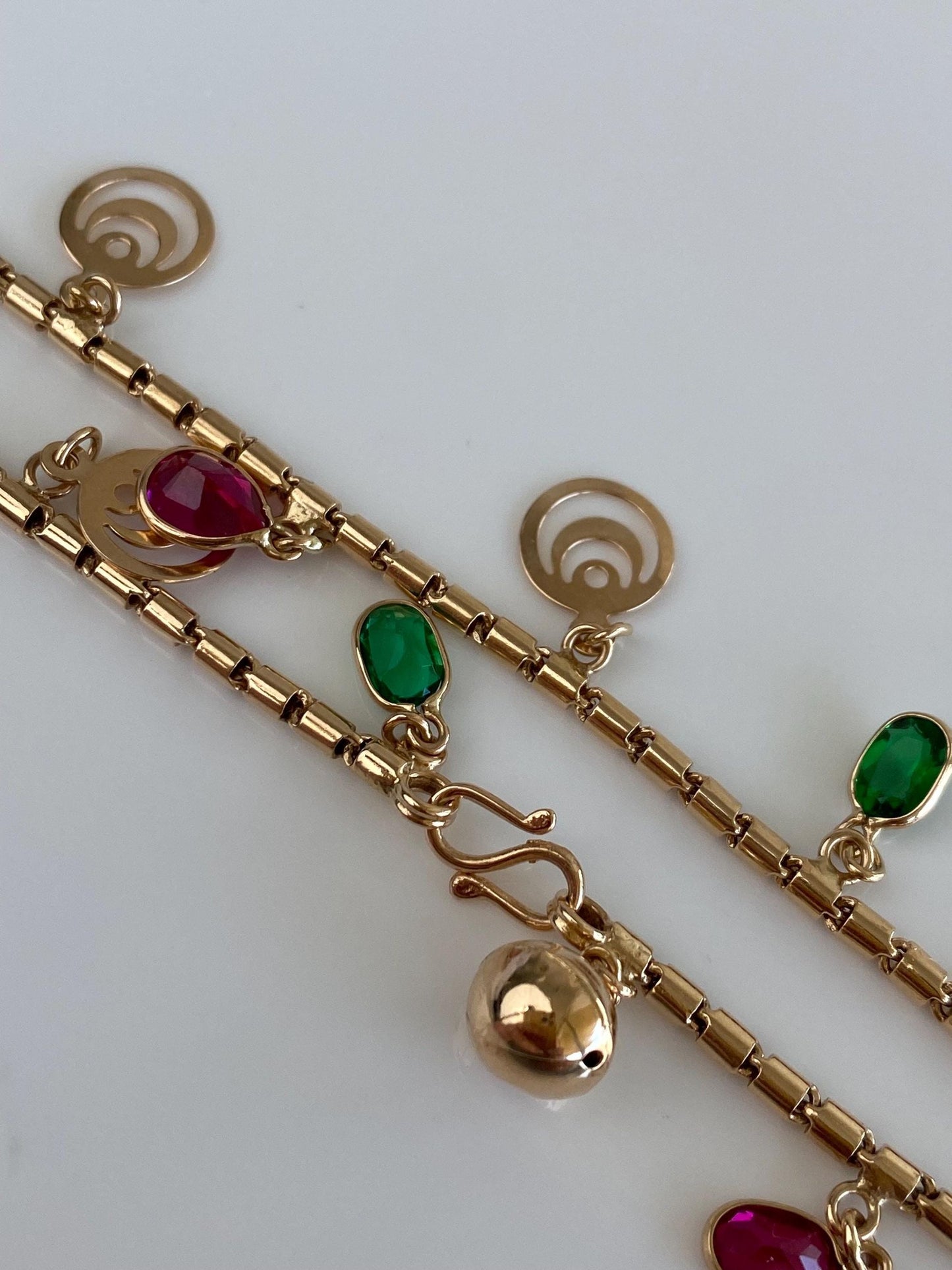 Vintage Solid 14k Rosey Gold Sapphire Ruby Emerald Barrel Link Charm Bracelet - 8 inches