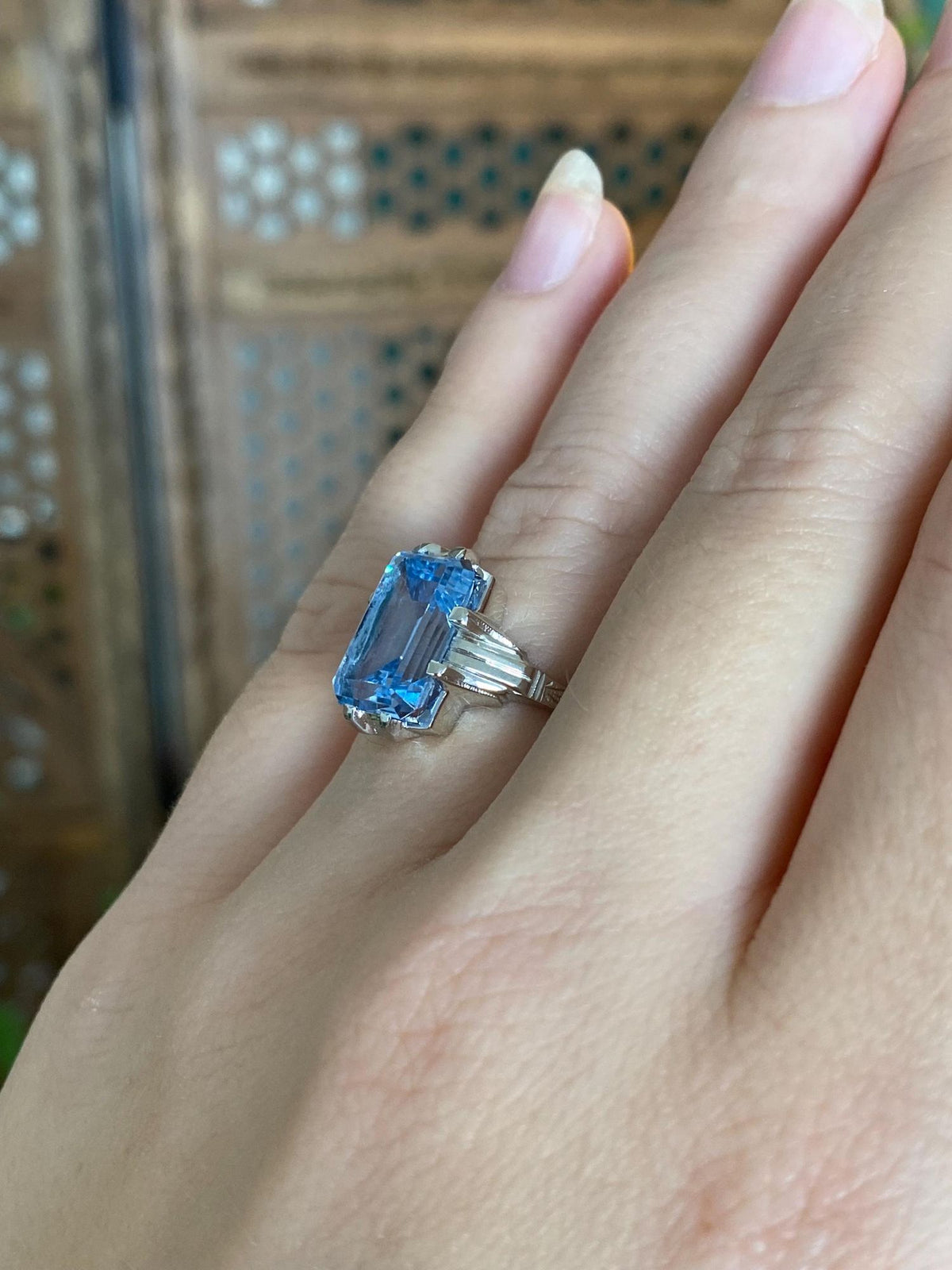 Vintage Solid 14k White Gold Light Blue Spinel Ring - Size 6.5