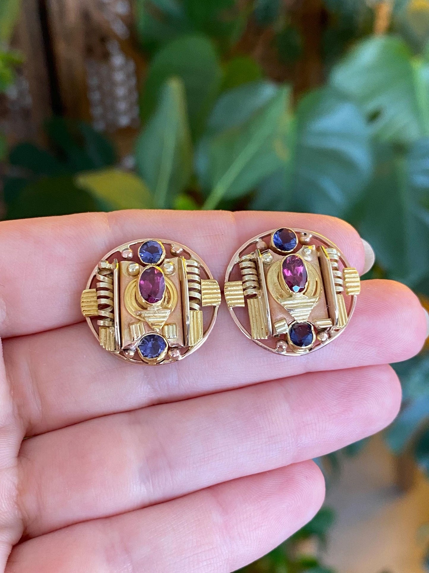 Vintage Solid 17k Multi Tone Gold Pink Tourmaline Tanzanite Drop Earrings