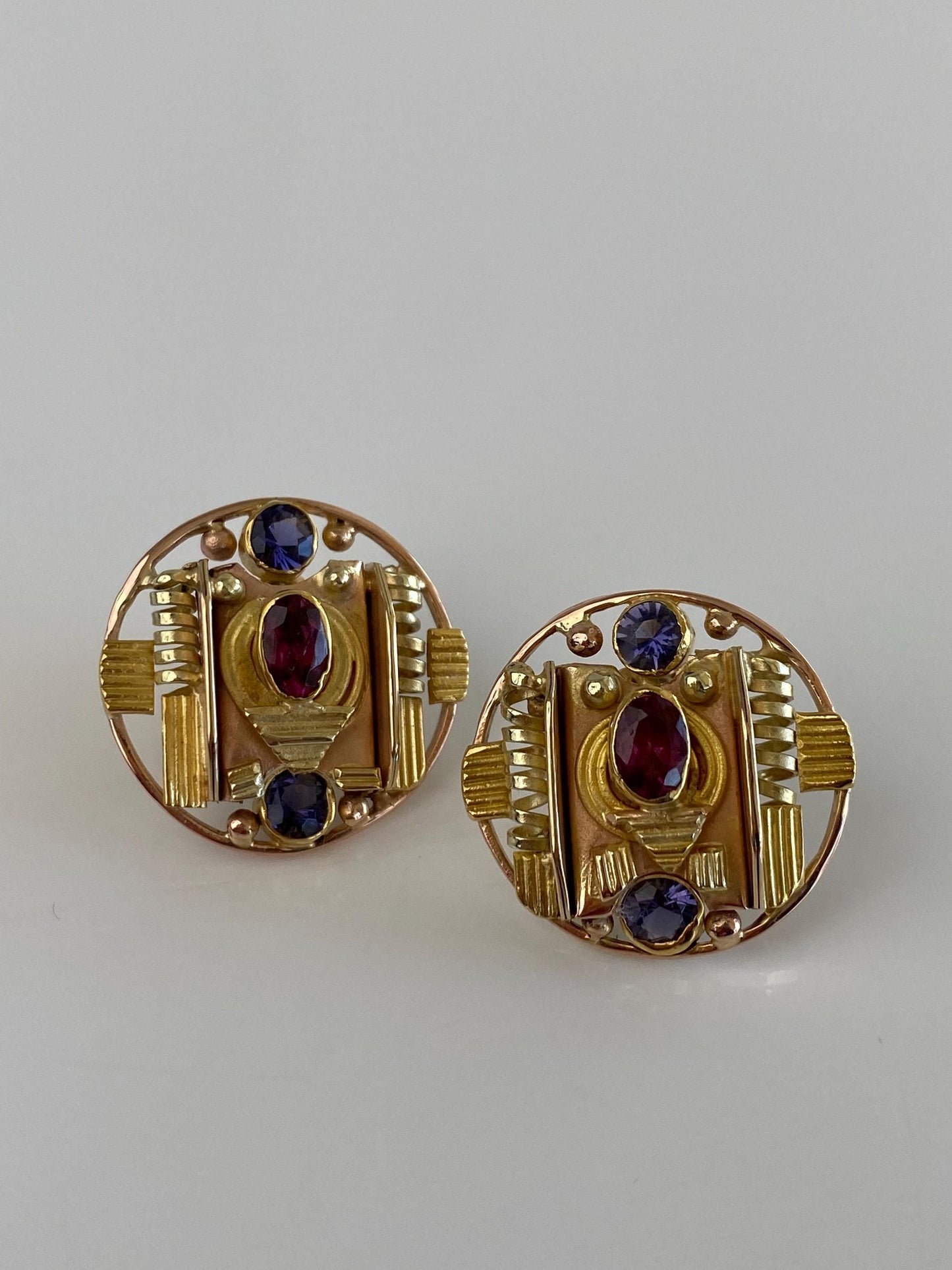 Vintage Solid 17k Multi Tone Gold Pink Tourmaline Tanzanite Drop Earrings