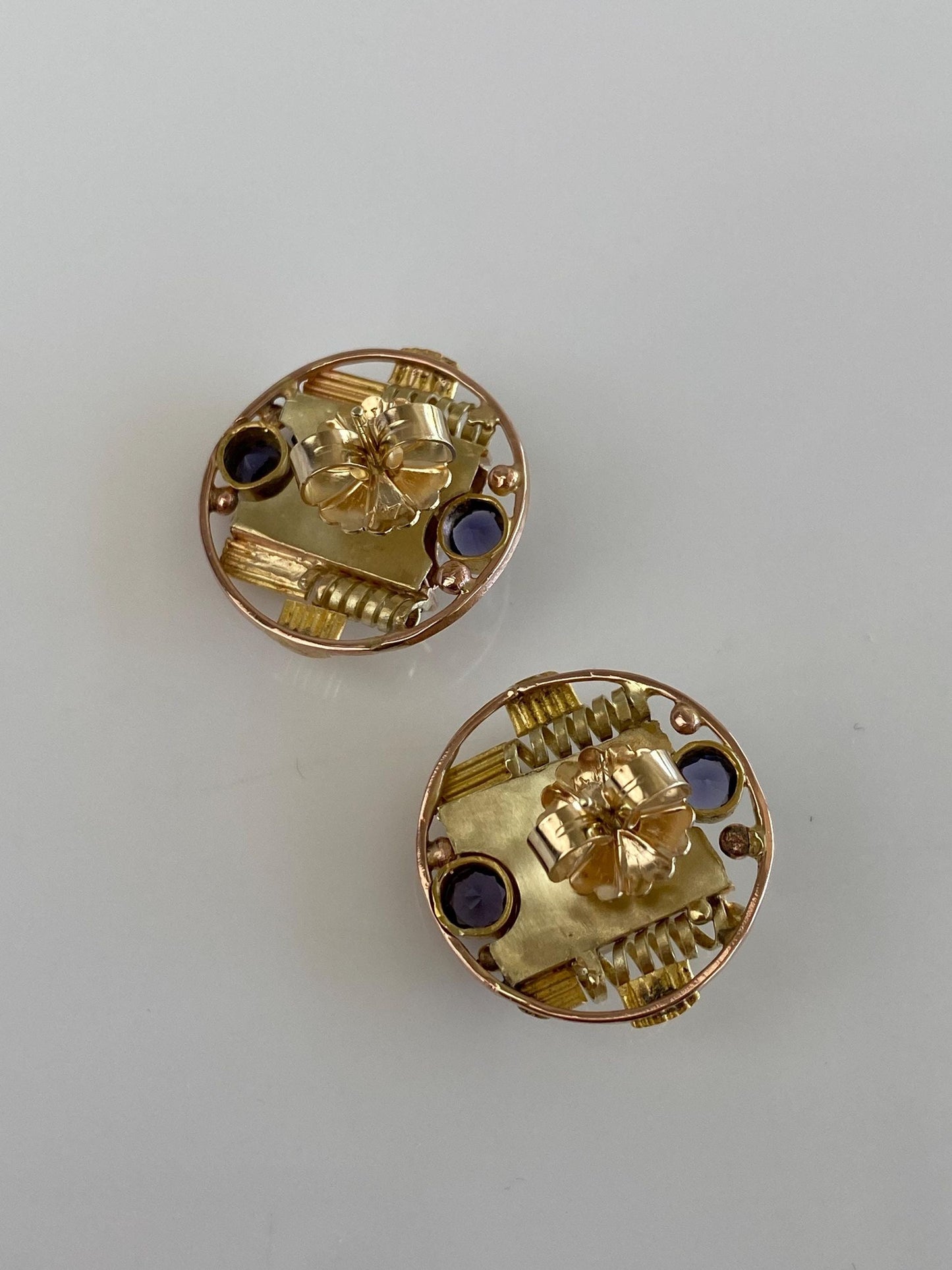 Vintage Solid 17k Multi Tone Gold Pink Tourmaline Tanzanite Drop Earrings