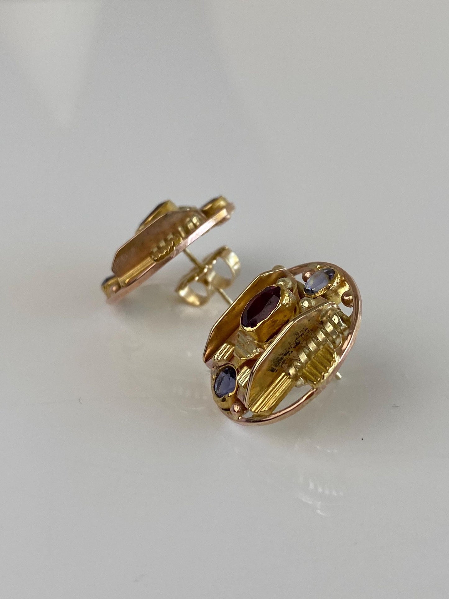 Vintage Solid 17k Multi Tone Gold Pink Tourmaline Tanzanite Drop Earrings