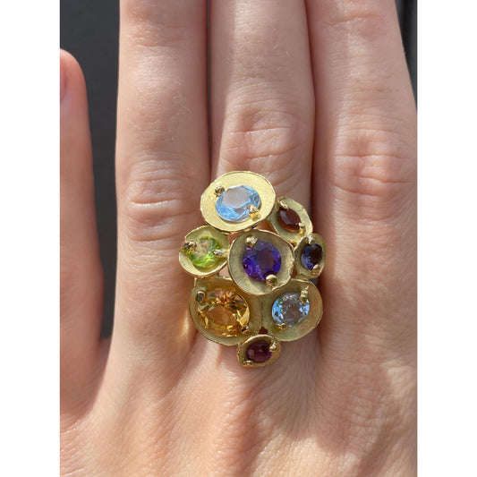 Vintage Solid 18k Yellow Gold Garnet Citrine Peridot Topaz Amethyst Ring - Size 6.5