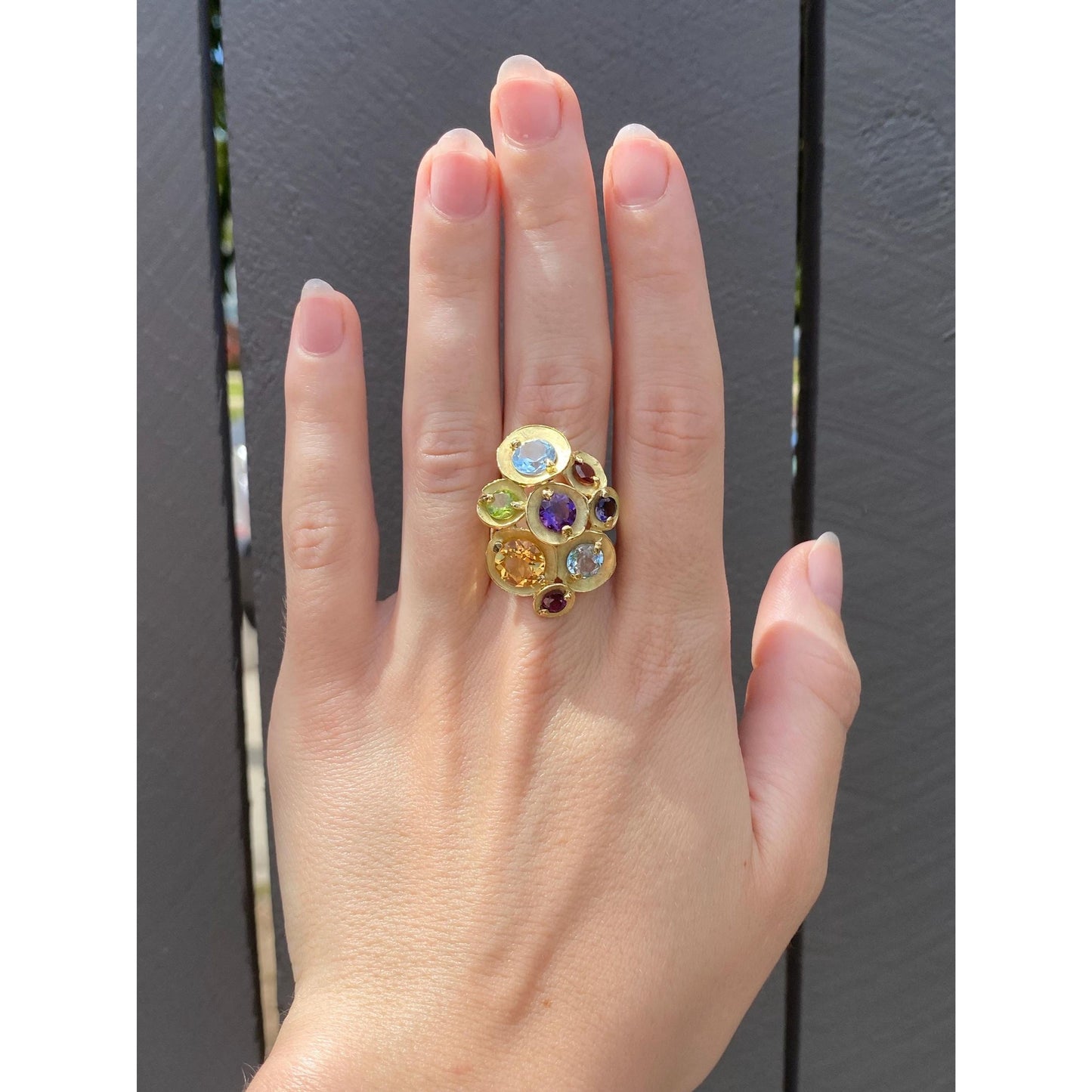 Vintage Solid 18k Yellow Gold Garnet Citrine Peridot Topaz Amethyst Ring - Size 6.5
