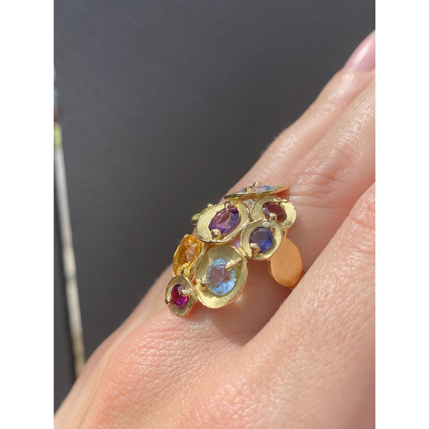 Vintage Solid 18k Yellow Gold Garnet Citrine Peridot Topaz Amethyst Ring - Size 6.5