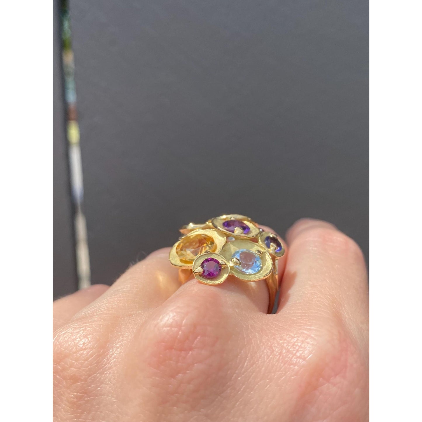 Vintage Solid 18k Yellow Gold Garnet Citrine Peridot Topaz Amethyst Ring - Size 6.5