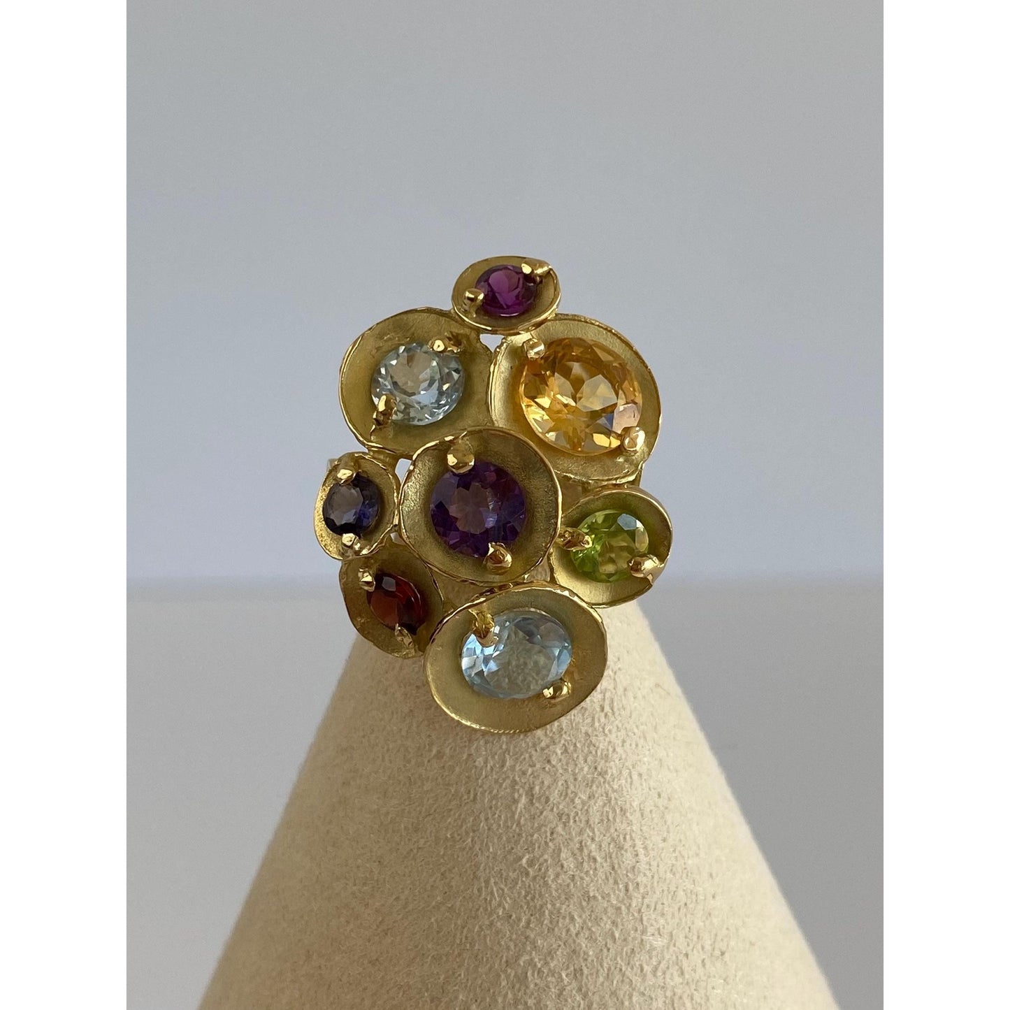 Vintage Solid 18k Yellow Gold Garnet Citrine Peridot Topaz Amethyst Ring - Size 6.5