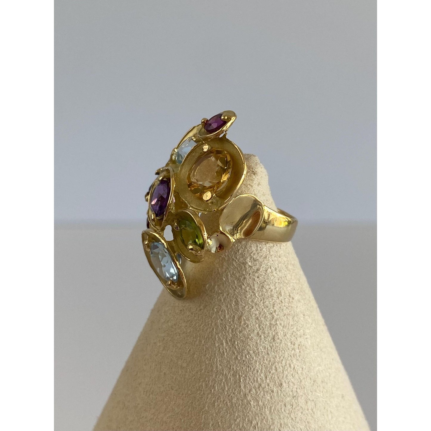 Vintage Solid 18k Yellow Gold Garnet Citrine Peridot Topaz Amethyst Ring - Size 6.5