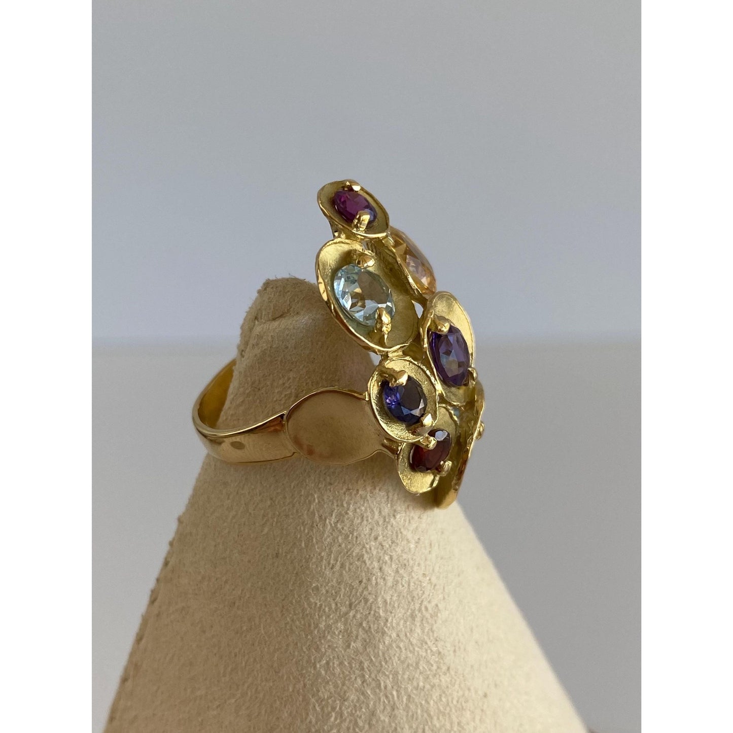 Vintage Solid 18k Yellow Gold Garnet Citrine Peridot Topaz Amethyst Ring - Size 6.5