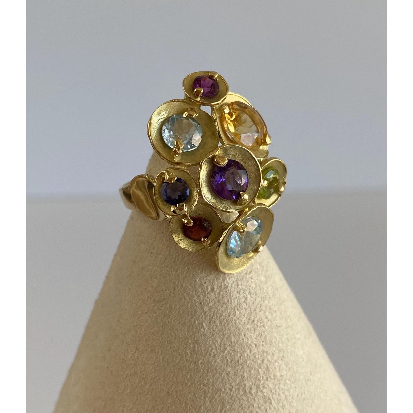 Vintage Solid 18k Yellow Gold Garnet Citrine Peridot Topaz Amethyst Ring - Size 6.5