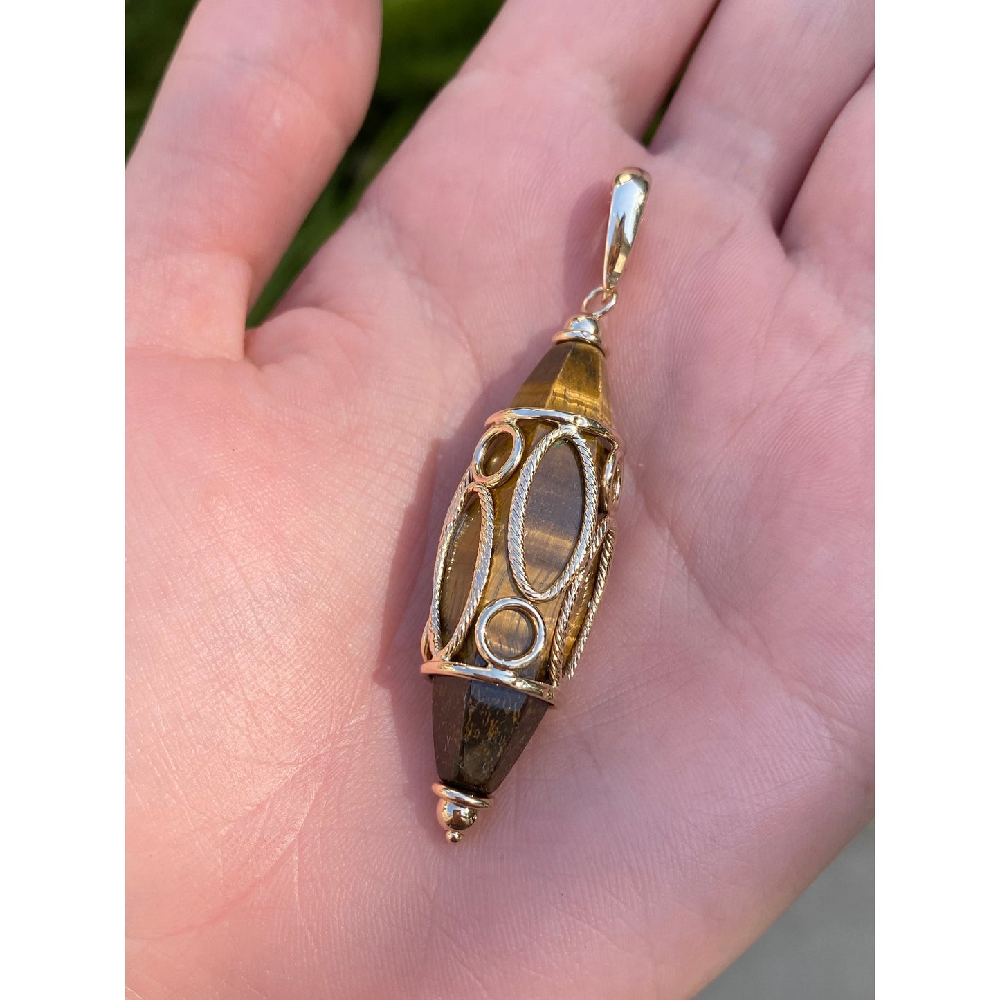 Vintage Solid 14k Yellow Gold Large Tigers Eye Point Charm