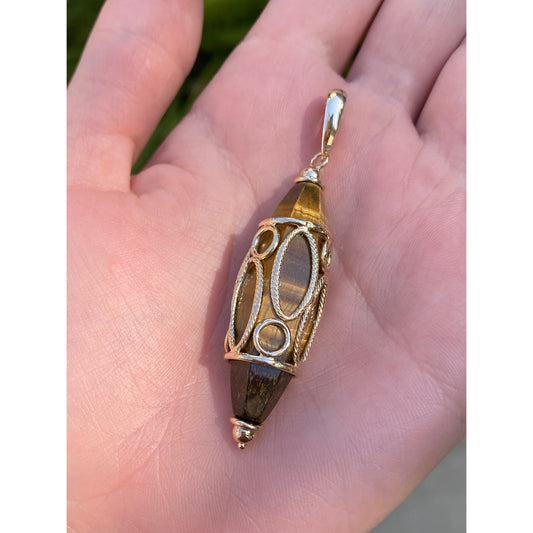 Vintage Solid 14k Yellow Gold Large Tigers Eye Point Charm