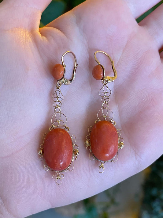 Vintage Solid 14k Yellow Gold Coral Filigree Dangle Earrings