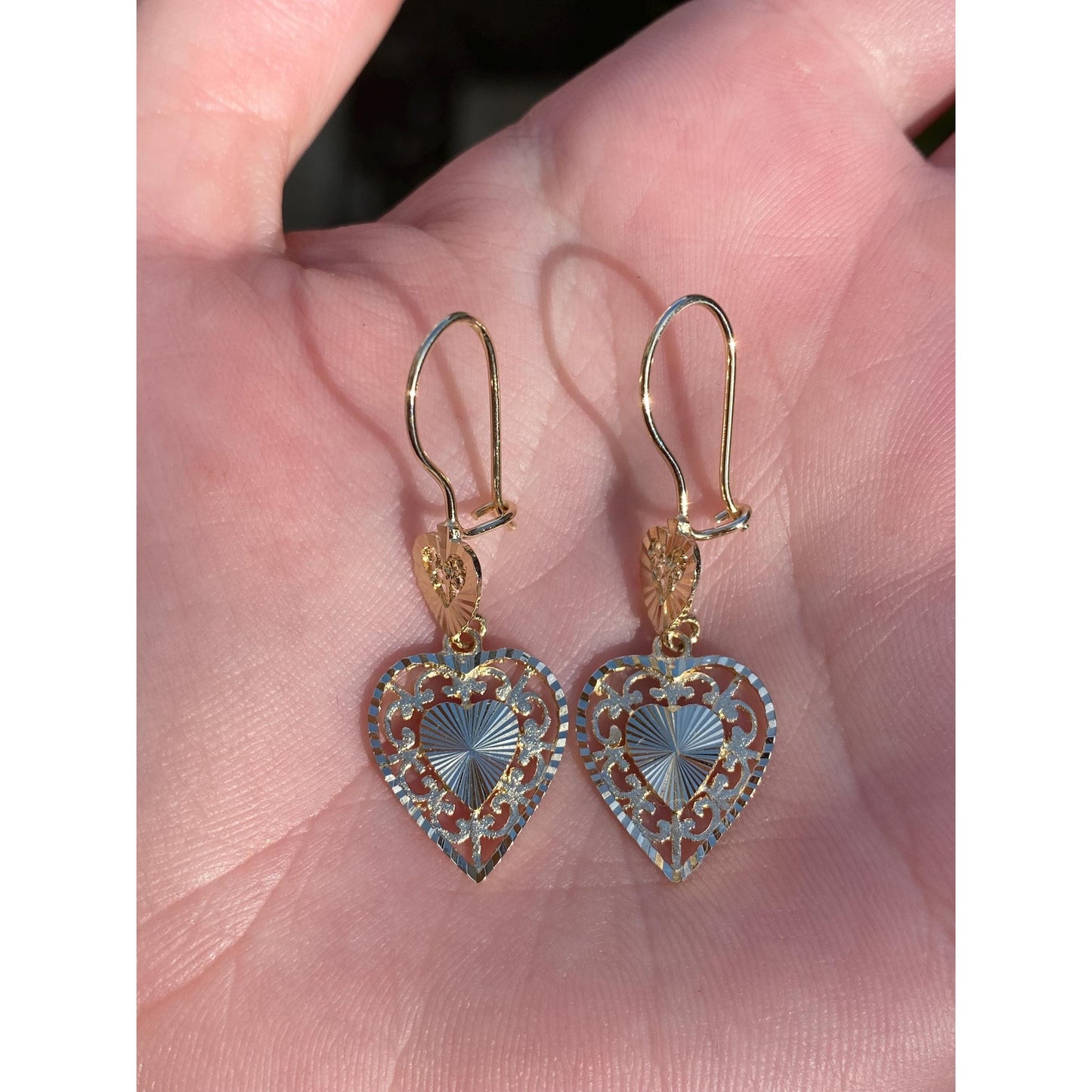 Vintage Solid 14k Yellow Gold Diamond Cut Heart Dangle Earrings