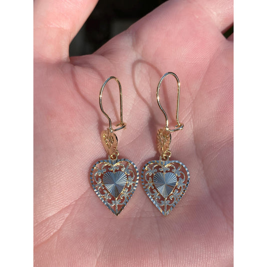 Vintage Solid 14k Yellow Gold Diamond Cut Heart Dangle Earrings