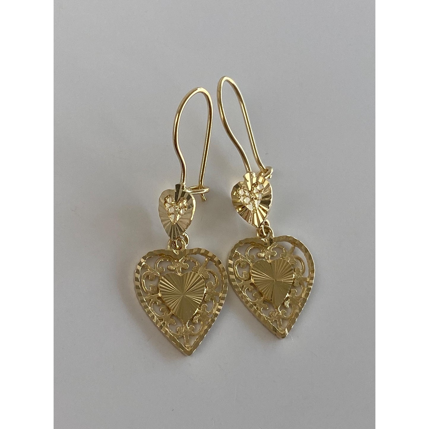 Vintage Solid 14k Yellow Gold Diamond Cut Heart Dangle Earrings