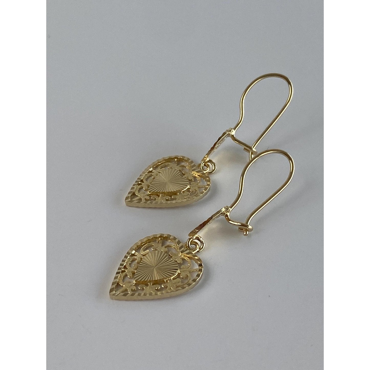 Vintage Solid 14k Yellow Gold Diamond Cut Heart Dangle Earrings