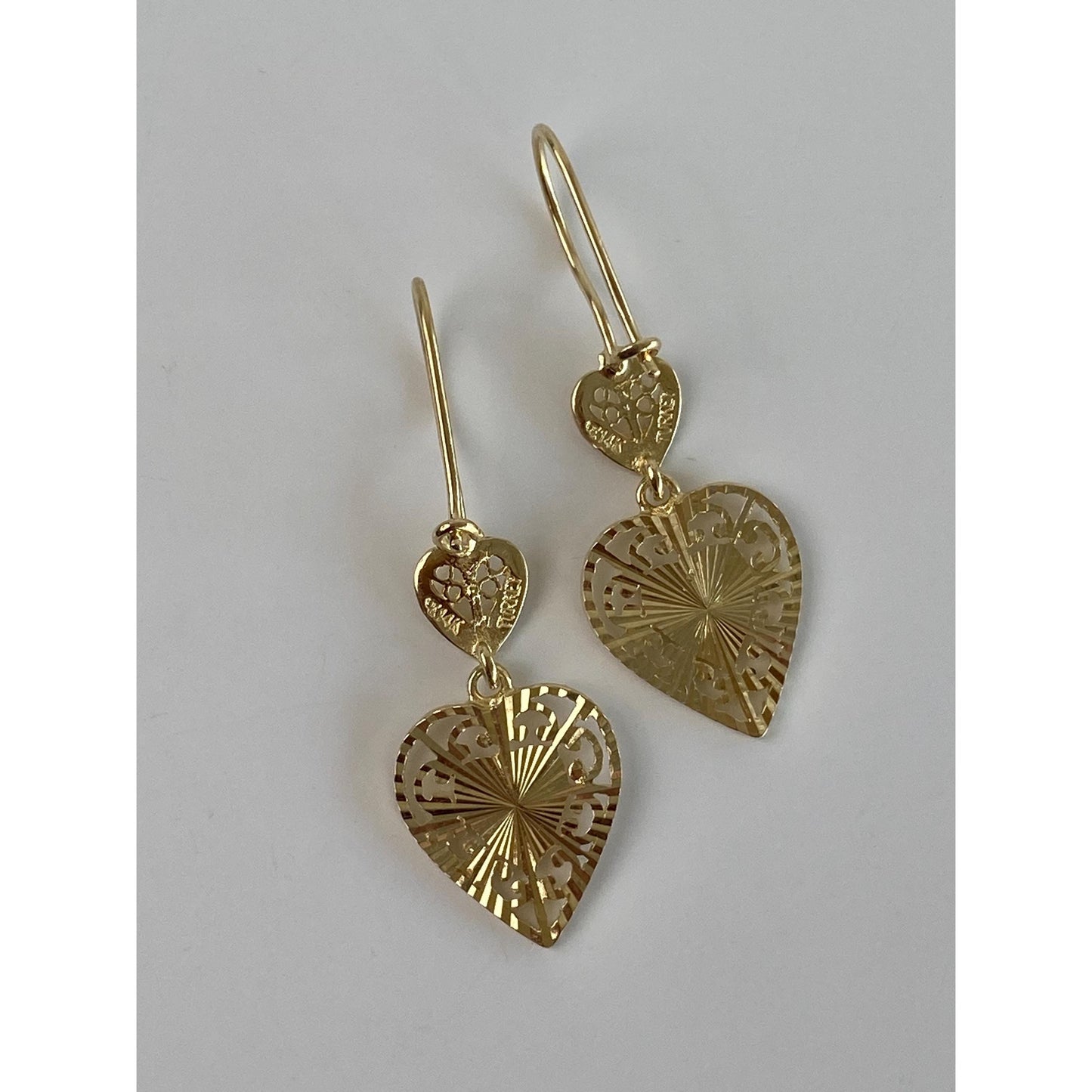 Vintage Solid 14k Yellow Gold Diamond Cut Heart Dangle Earrings