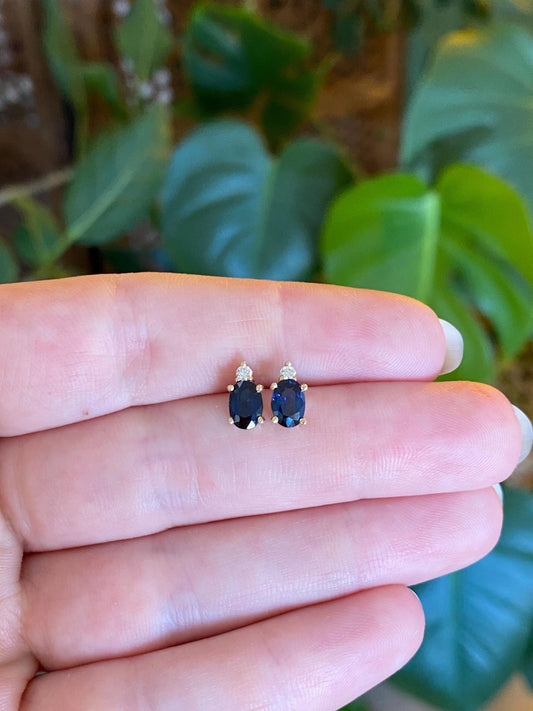 Solid 14k Yellow Gold Diamond Blue Sapphire Stud Earrings
