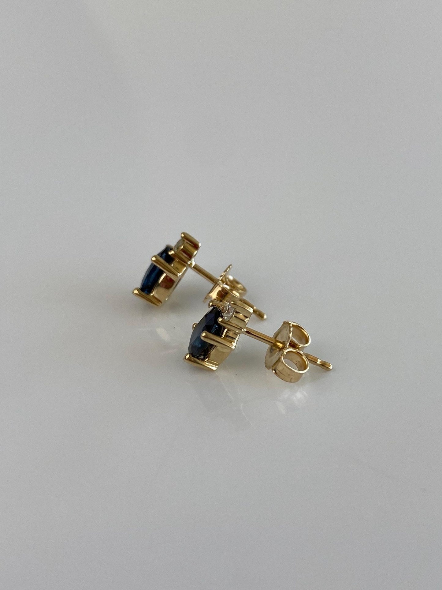 Solid 14k Yellow Gold Diamond Blue Sapphire Stud Earrings