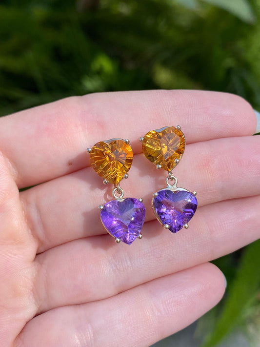Vintage Solid 14k Yellow Gold Citrine & Amethyst Hearts Dangle Earrings