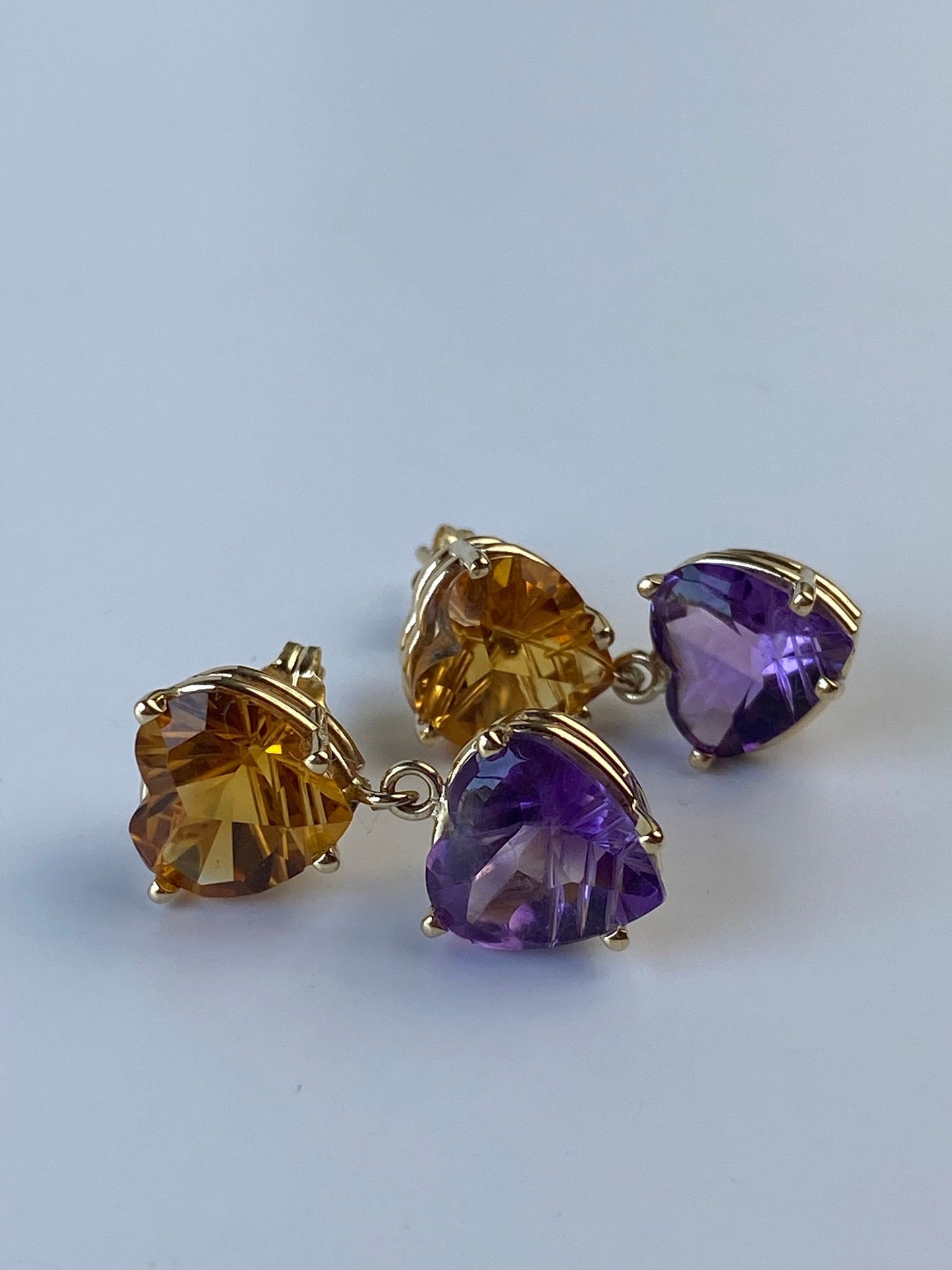 Vintage Solid 14k Yellow Gold Citrine & Amethyst Hearts Dangle Earrings