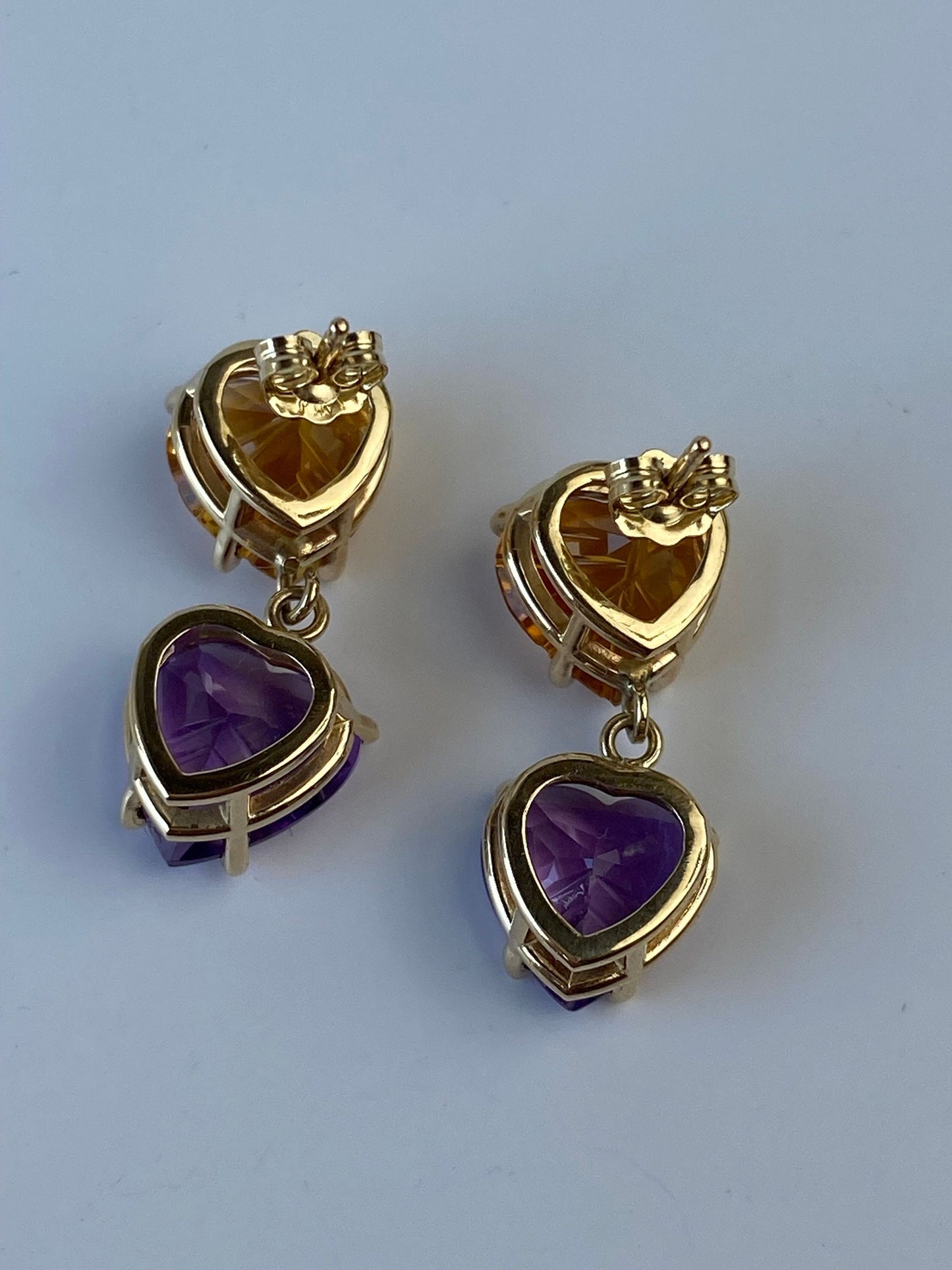 Vintage Solid 14k Yellow Gold Citrine & Amethyst Hearts Dangle Earrings