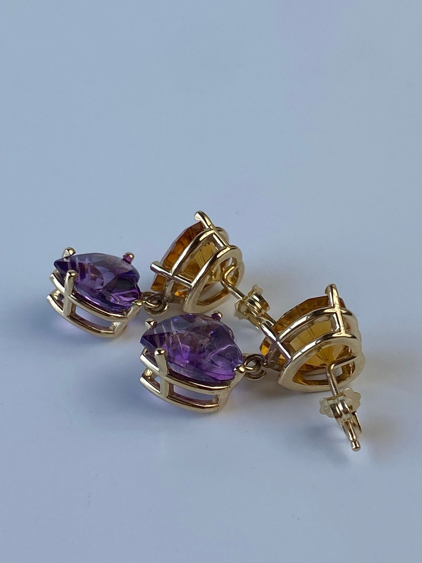 Vintage Solid 14k Yellow Gold Citrine & Amethyst Hearts Dangle Earrings