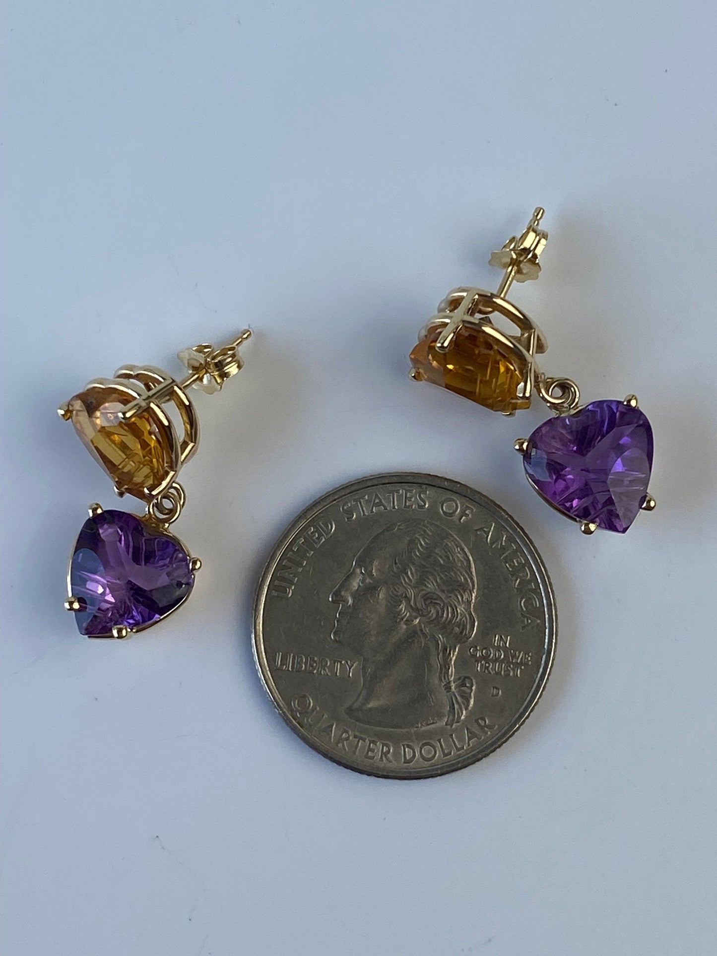 Vintage Solid 14k Yellow Gold Citrine & Amethyst Hearts Dangle Earrings